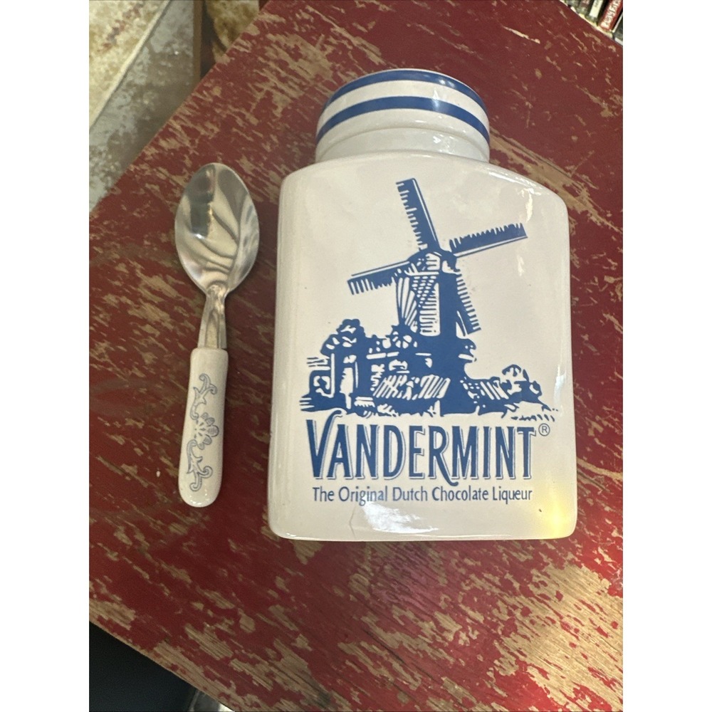 Vandermint Original Chocolate Liqueur Jar Lidded and Spoon Set Dutch Windmill